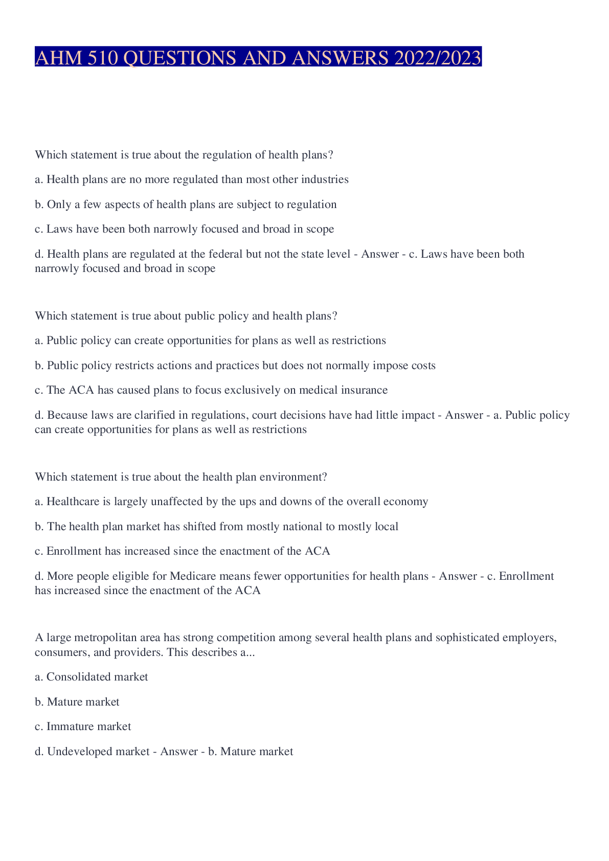 Preview image for AHM 510 QUESTIONS AND ANSWERS 2022/2023